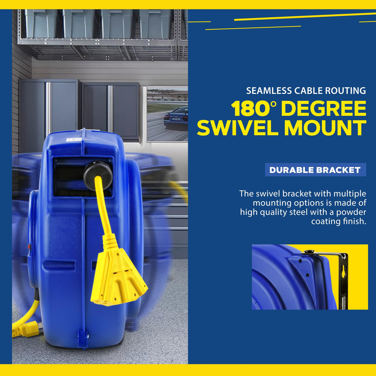 Goodyear Extension Cord Reel Retractable 12AWG x 65' Foot 3C/SJT Heavy Duty Commercial Cable Triple Tap Connector Power 15A 125VAC 1875W Goodyear