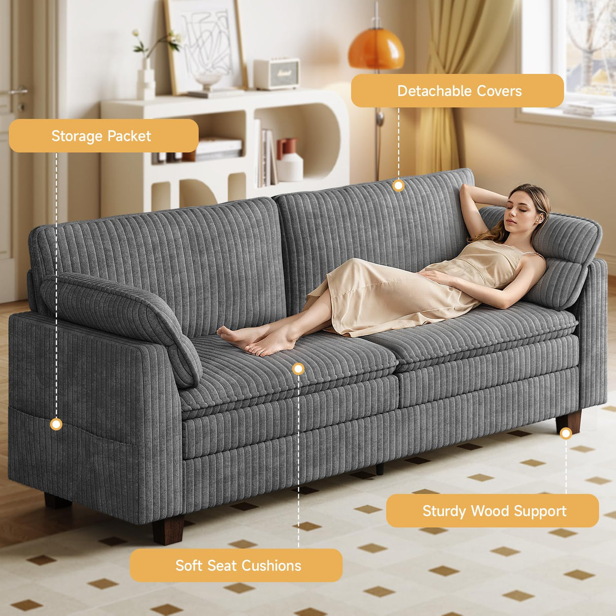 ONBRILL 77" Modern Loveseat Sofas for Living Room,Comfy Cloud Couch with Deep Seats,Solid Wood Frame,Corduroy Fabric Couches for Living Room,Bedroom and Small Spaces ONBRILL