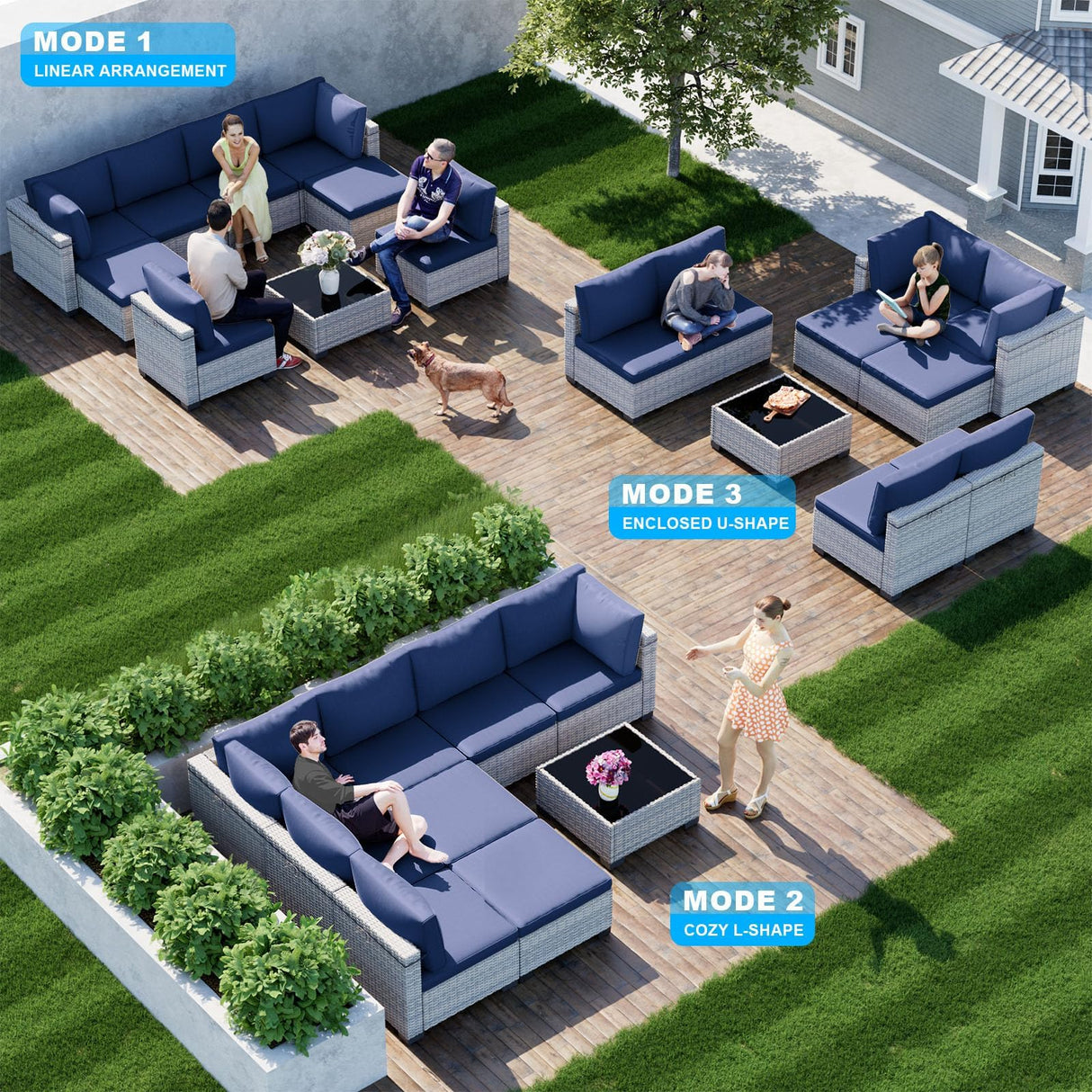 Sweecci 9-Piece Patio Furniture Set, Outdoor Sectional with Ottomans, Modular Patio Sofa, Dual-Strand Wicker Rattan, Rust-Resistant Frame, Backyard Furniture for Garden, Deck, Navy Blue Sweecci