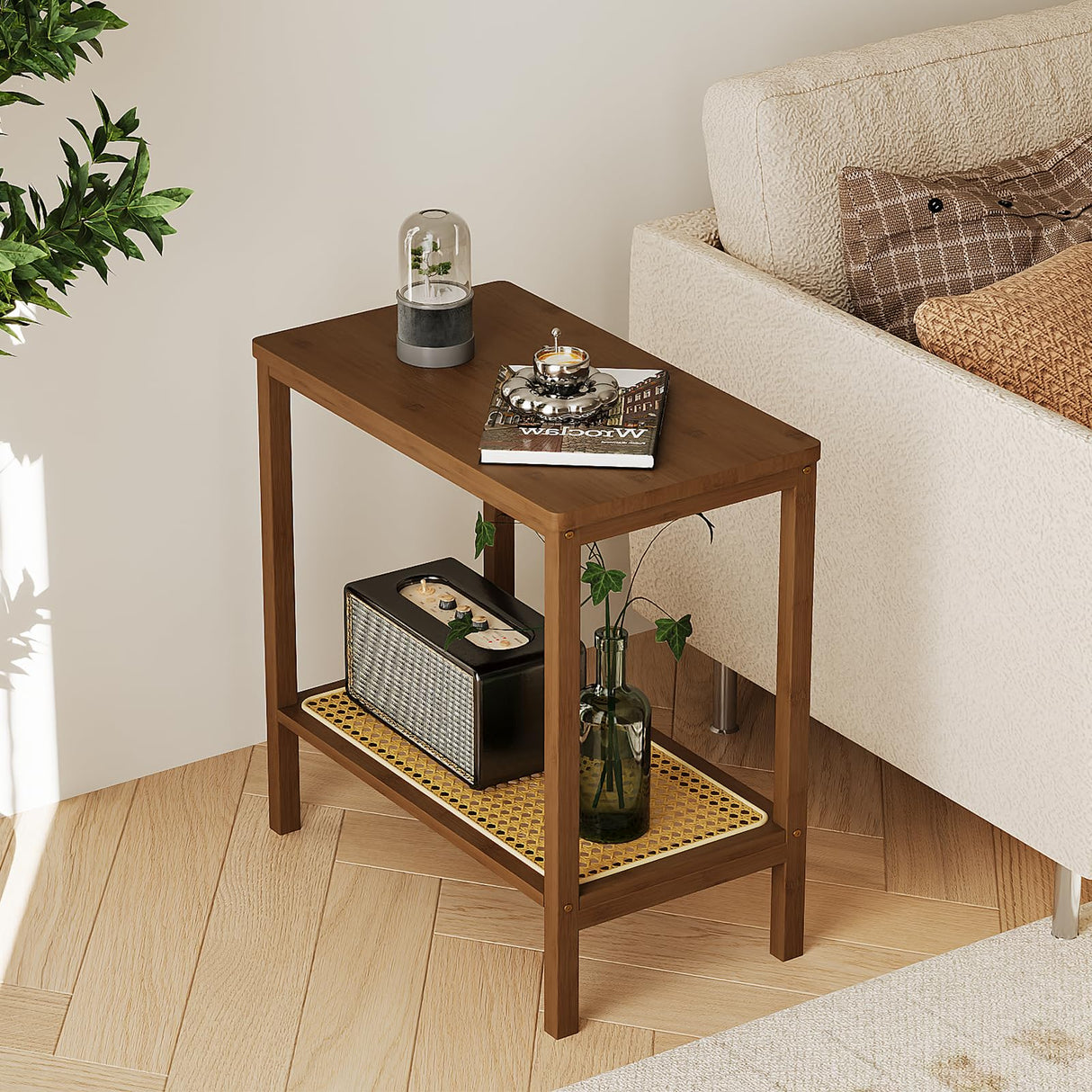 Rattan Side Table Mid Century Modern End Table 2-Tier with Storage Night Stand Narrow Coffee Table Boho Bamboo Living Room Table Bamworld