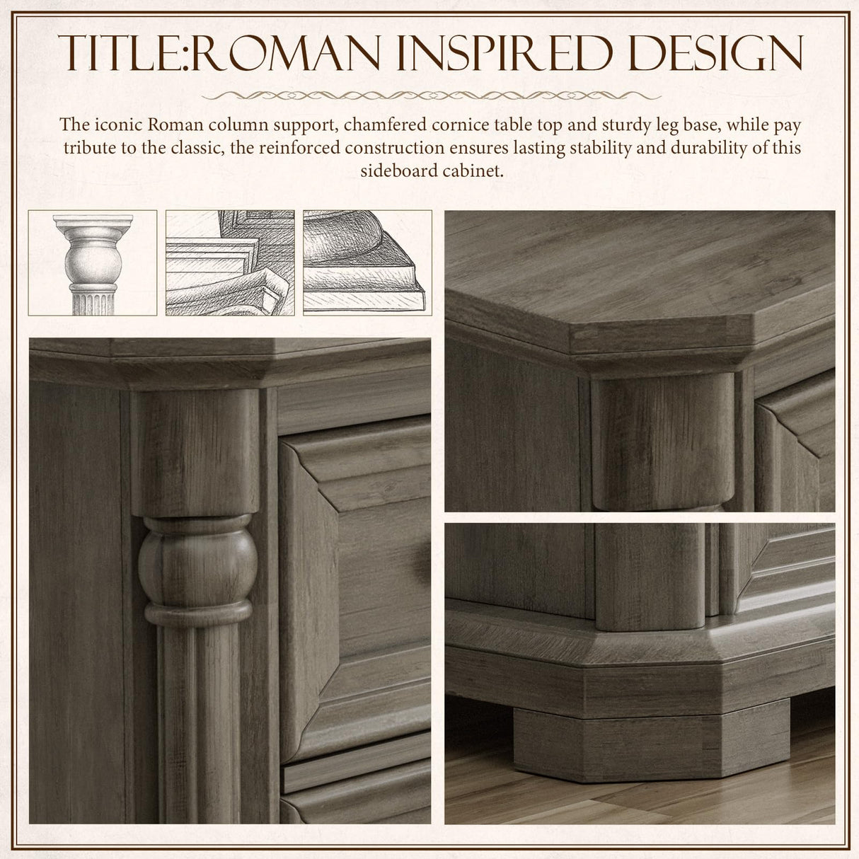 Yechen Buffet Cabinet with Drawers, 54" Large Sideboard Buffet Cabinet with 7 Drawers and 2 Doors, Farmhouse Solid Wood Sideboard for Kitchen, Living Room, Grey Yechen