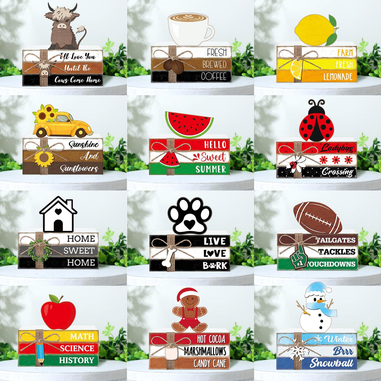Briwooody 27 Pcs Interchangeable Table Decor Seasonal Bee Lemon Highland Cow Sign Farmhouse Mini Wood Book Stack Spring Summer Tiered Tray Decor for Home Office Desk Shelf Coffee Bar(Classic Style) Briwooody