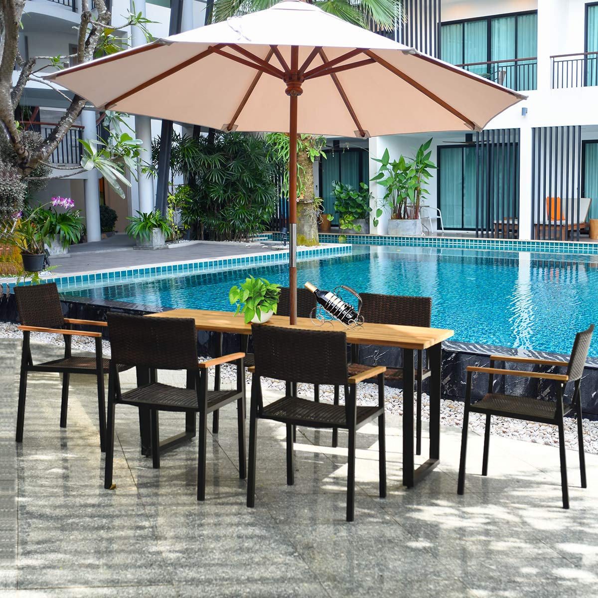 Tangkula 7 Pieces Outdoor Dining Set, Patented Patio Furniture Set w/Large Rectangle Acacia Wood Table Top, Rattan Chairs with Steel Frame, Umbrella Hole, for Backyard Garden Tangkula