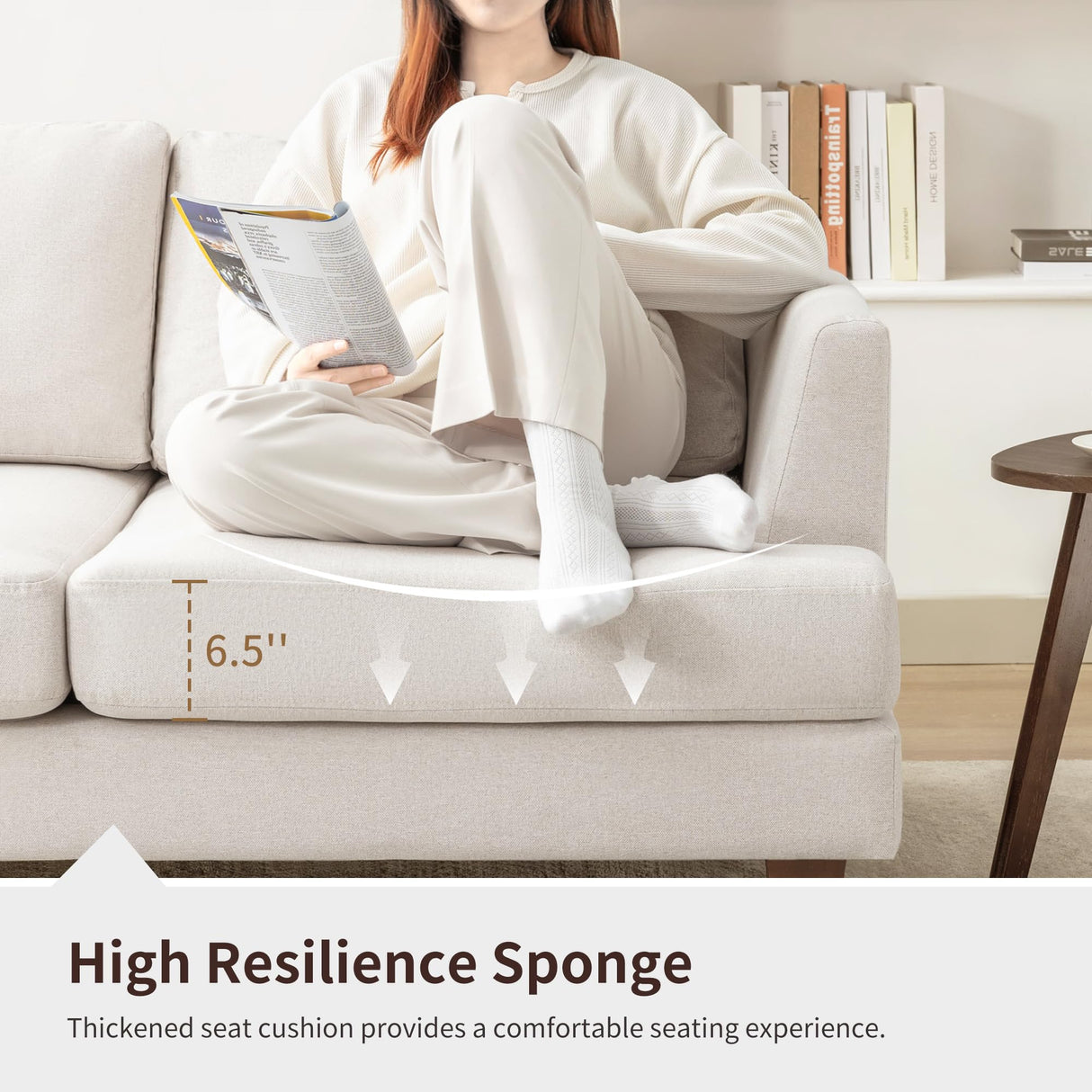 Gericco 89" 3-Seater Sofa, Deep Seat Sofa with Comfy Cushion, Mid Century Modern Couches for Living Room, Upholstered Comfy Sofa Couch for Bedroom, Apartment, Beige Gericco