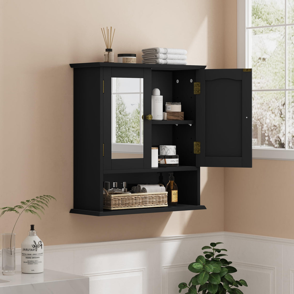 Smuxee Bathroom Wall Cabinet with Mirrors, Black Bathroom Medicine Cabinet with Adjustable Shelves, Over Toilet Cabinet for Bathroom Laundry Room Kitchen Smuxee