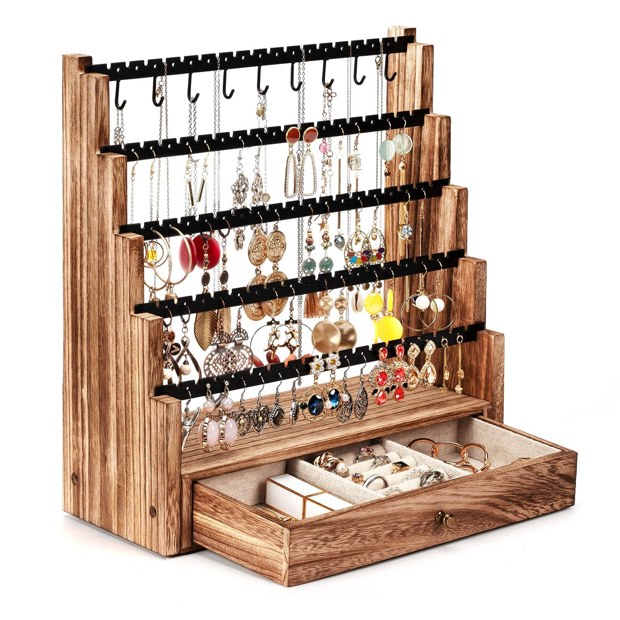 Pinzoveco Earring Organizer, 5 Layer Earring Holder Organizer with Necklace Holder Pole, Rustic Wood Jewelry Organizer Stand Display for Stud Earring Bracelet Necklace Ring, 175 Earring Holes Pinzoveco
