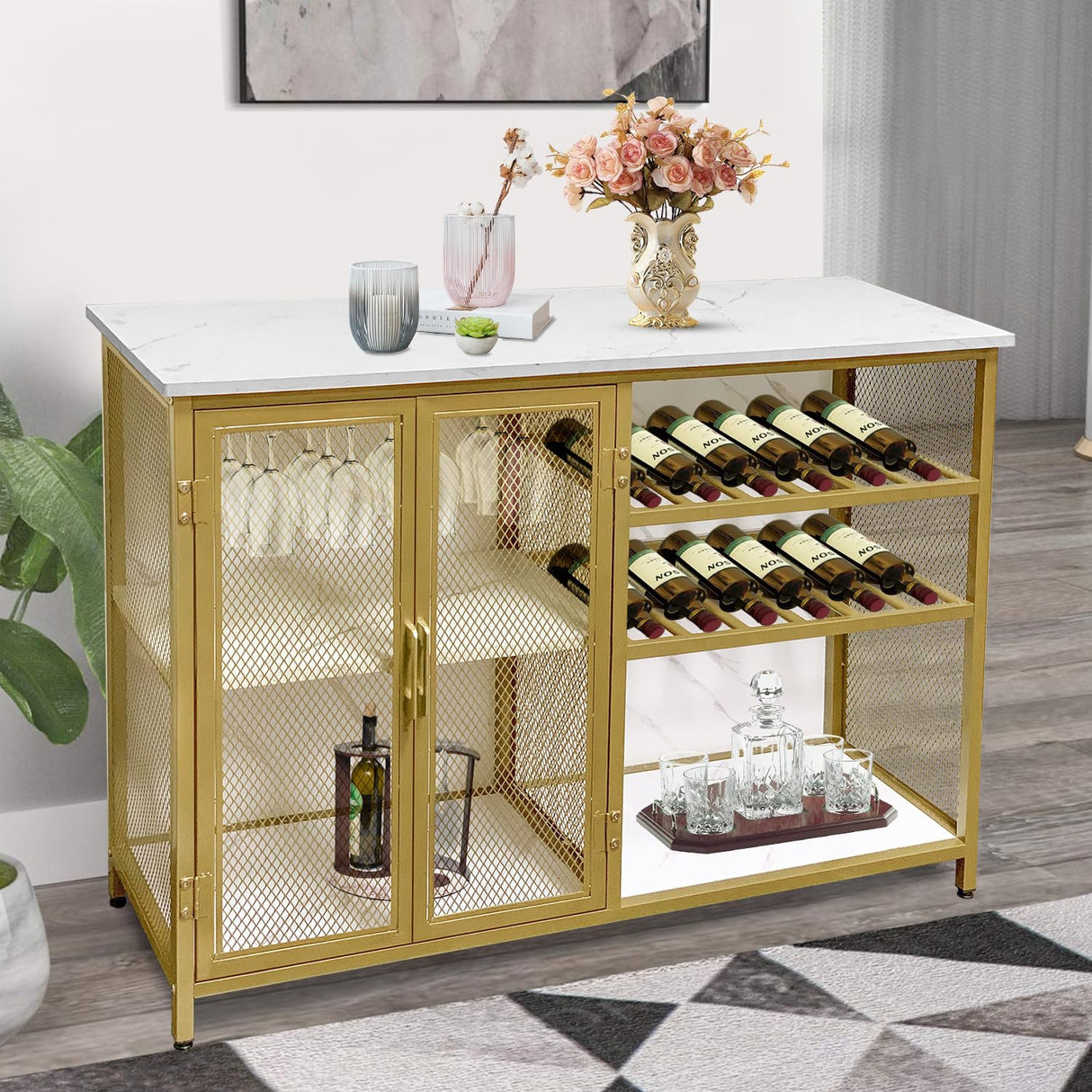 AT-VALY Bar Cabinets with Wine Rack and Glass Rack,Small Sideboard and Buffet Cabinet with Mesh Doors (Gold) AT-VALY