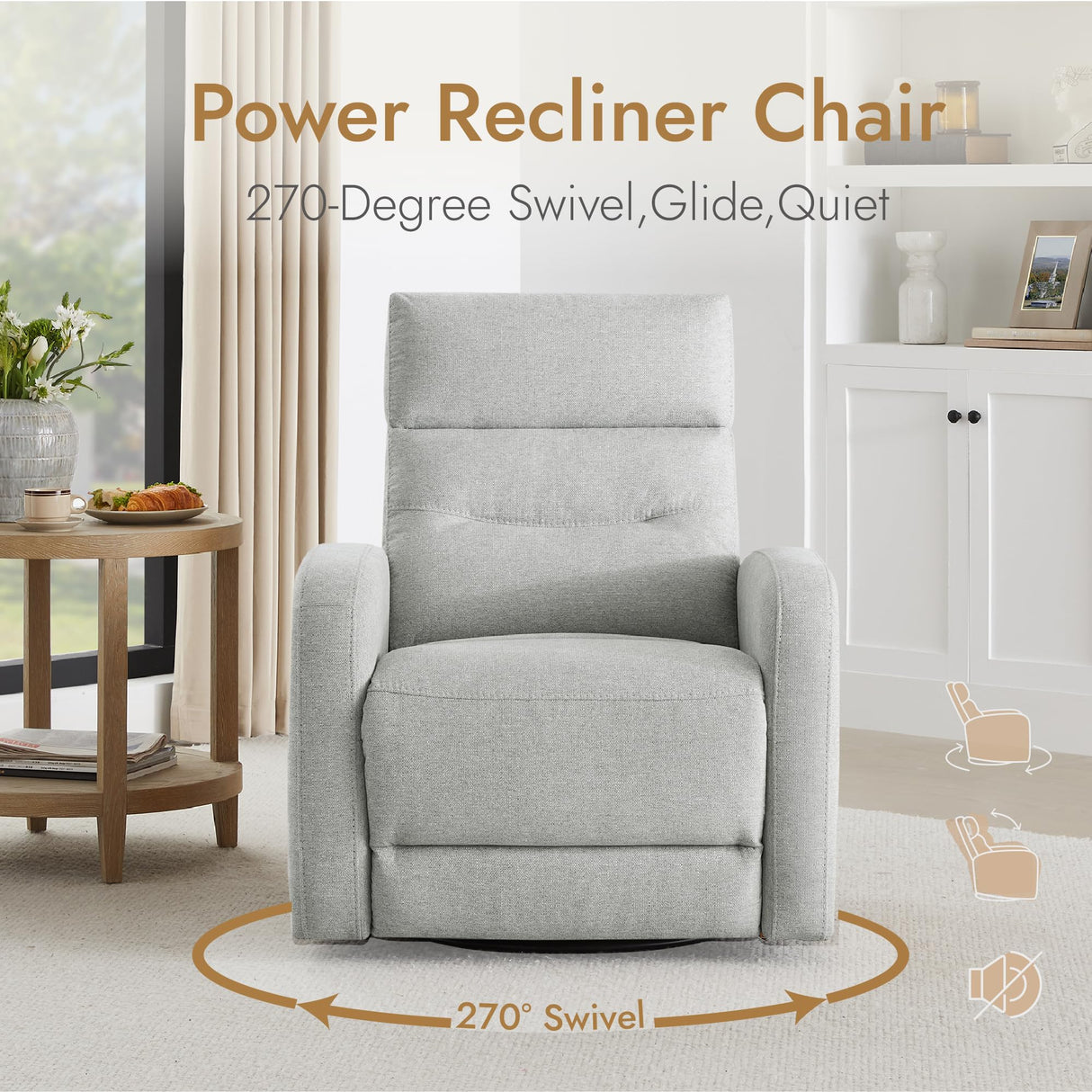 Watson & Whitely Swivel Power Recliner Glider Rocker, Small Recliner with Charging Port for Living Room, Fabric in Dove Grey Watson & Whitely