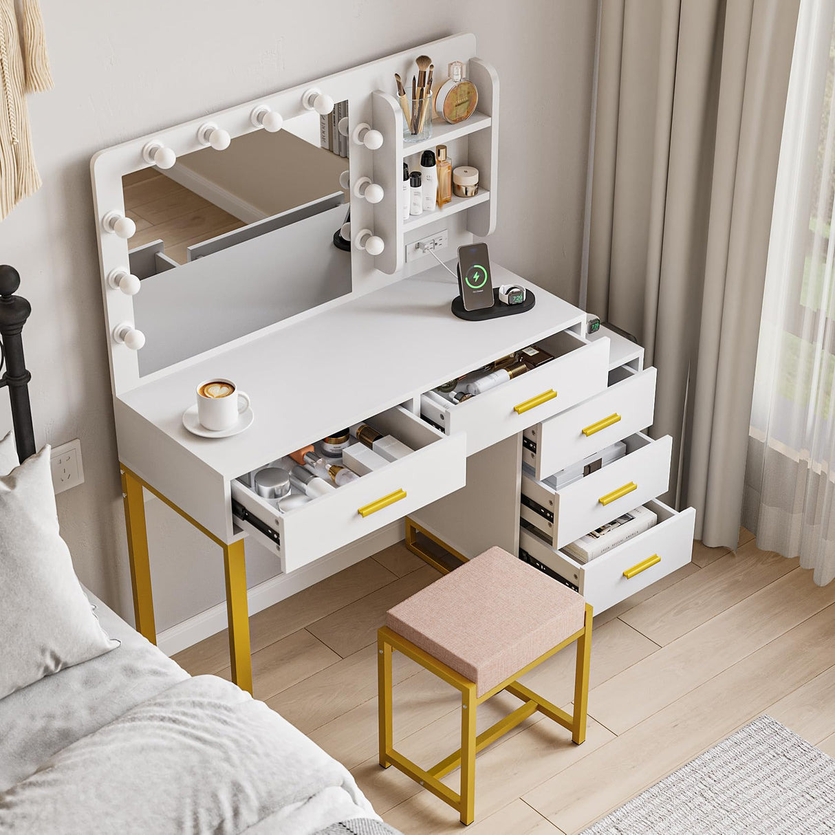 Semiocthome Makeup Vanity Desk with Mirror and Lights, Make Up Vanity Table Set with Power Outlet, Shelves and 5 Drawers, 3 Lighting Modes & Adjustable Brightness Dressing Table with Chair - White Semiocthome