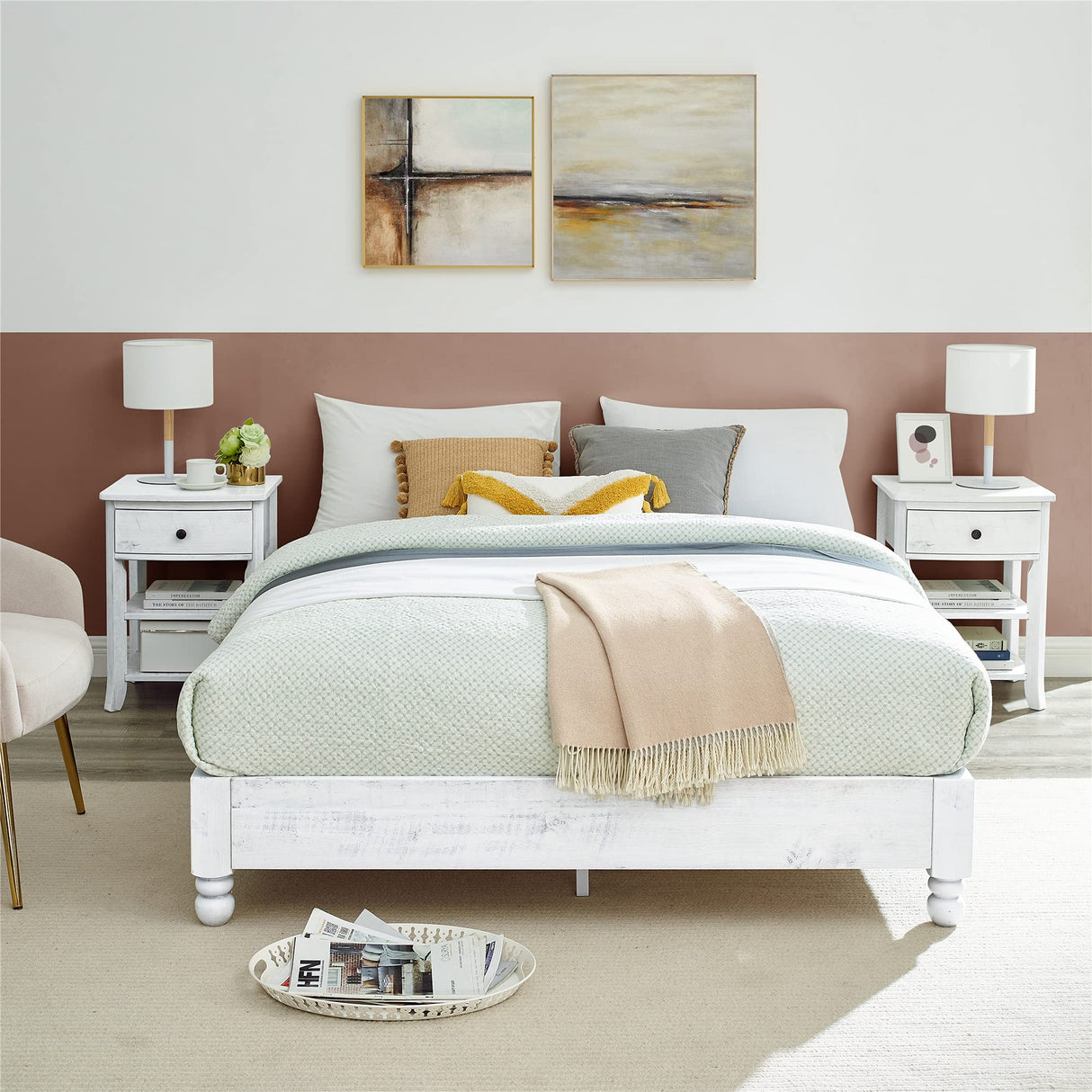 MUSEHOMEINC Solid Wood Platform Bed Frame Rustic Style,Mattress Foundation(no boxspring Needed), White Washed Finish,Full MUSEHOMEINC