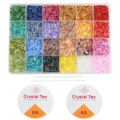 GTAAOY 9600pcs Tube Beads Kit, Glass Bugle Seed Beads for Jewelry Making, Small Craft Beads for DIY Bracelet Necklaces Craft Making with Two Crystal String (7mm/24 Colors)