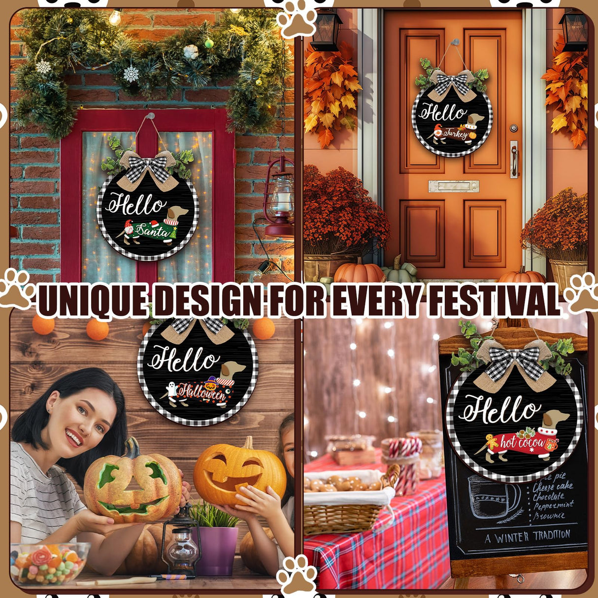 Glenmal 16 Pcs Seasonal Dachshund Door Decor for All Season and Holiday Hanging Cute Christmas Dachshund Welcome Sign Rustic Wooden Farmhouse Front Door Signs Outdoor(Black with Plaid Frame) Glenmal
