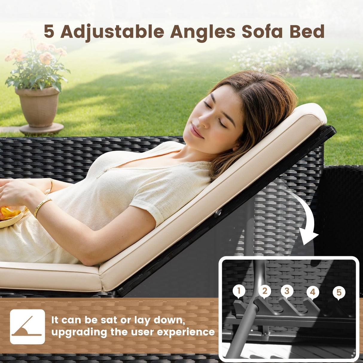 Devoko Patio Conversation Set 4 Piece Outdoor Furniture Sets PE Wicker Rattan Patio Sofa Sectional Adjustable All-Weather with Cushions and Glass Table for Porch Backyard Poolside, Beige Devoko