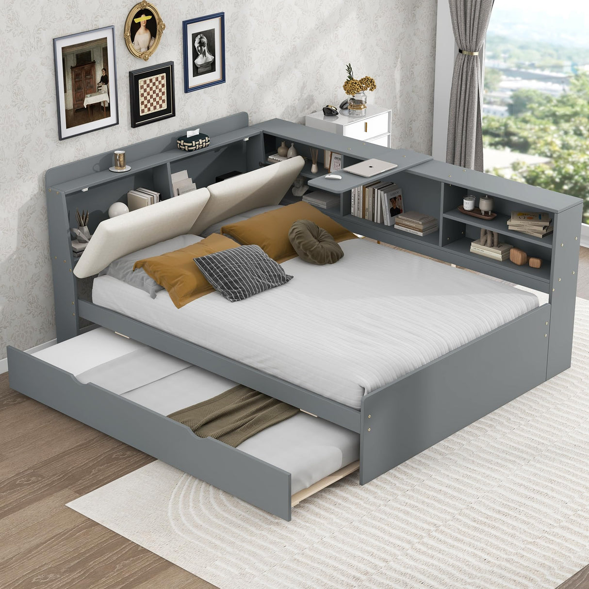 Harper & Bright Designs Full Size Daybed with Trundle and Storage Headboard, Wood L-Shaped Daybed with Shelves, Full Platform Bed Frame with L Shaped Beside Storage Bookcase, Gray Harper & Bright Designs