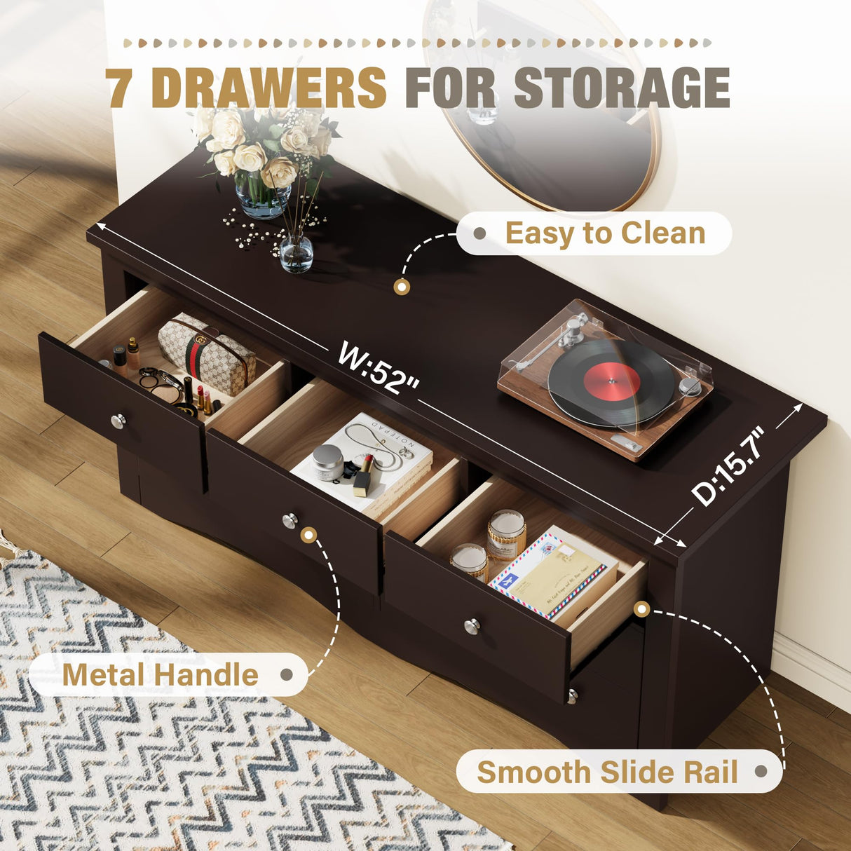 YESHOMY Dresser for Bedroom with 7 Drawers, Modern Chest of Drawers, Wooden Dressers, TV Stand for Living Room,Closet, Hallway (Brown)