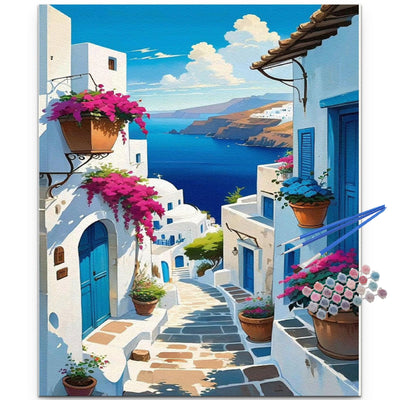 JUJUHOOD Sunset Santorini Paint by Numbers Kit for Adults,Landscape Adult Paint by Number Kits,Adult Paint by Number Canvas with Paintbrushes and Acrylic Pigment 16x20 inch