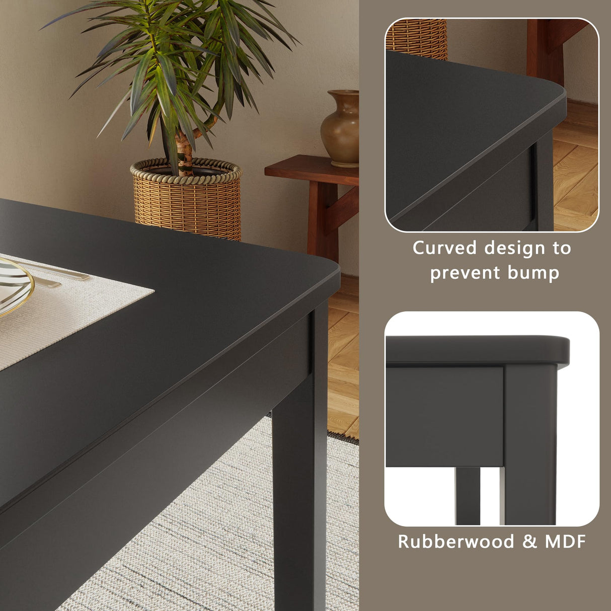 Orweiin 5-Piece Solid Wood Indoor Modern Rectangular Dining Table Set for 4,Table and 4 Chairs Set with Soft Cushions for Kitchen,Bar,Living Room,Breakfast Nook,Black Orweiin