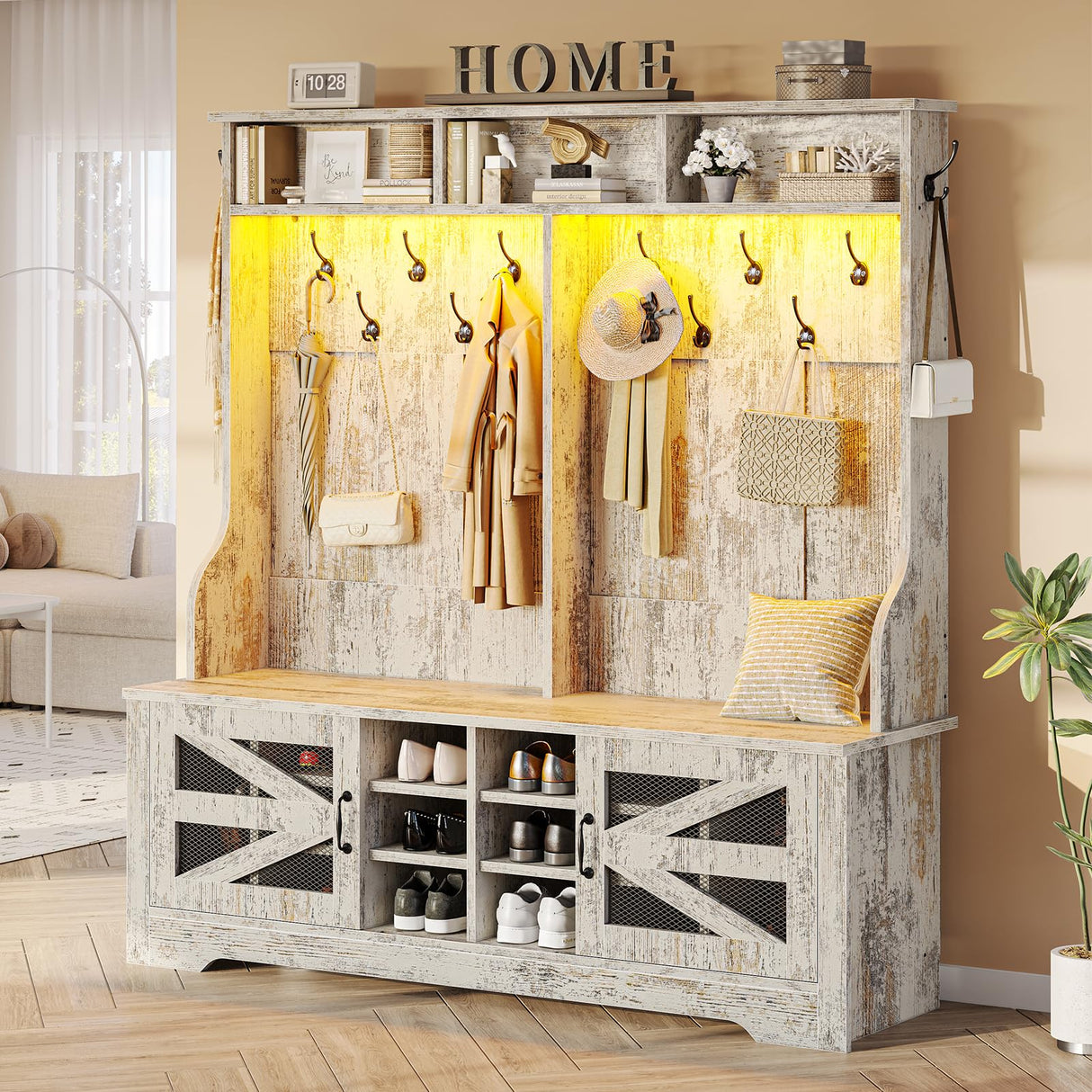 Itaar Hall Tree with Bench and Shoe Storage, 5-in-1 Entryway Bench with Coat Rack, 16 Shoe Cubbies & 12 Coat Hooks, Barn Door & Adjustable Shelf (Vintage White) Itaar