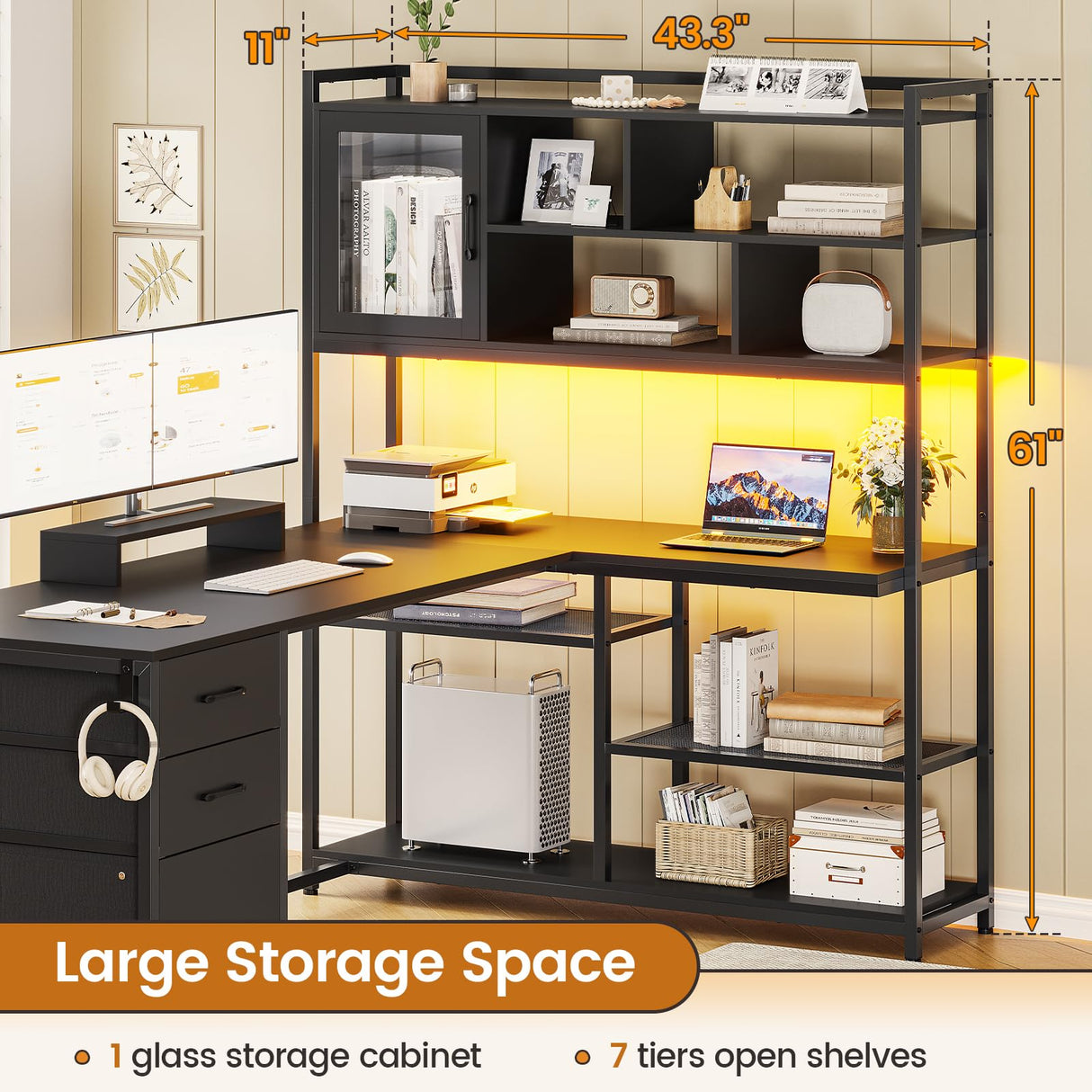 SEDETA L Shaped Computer Desk, 58'' Office Desk with 3 Drawers and Bookshelf, L Shaped Corner Desk with Storage Shelves and LED Light for Home Office, Gaming Desk, L Desk, Black SEDETA