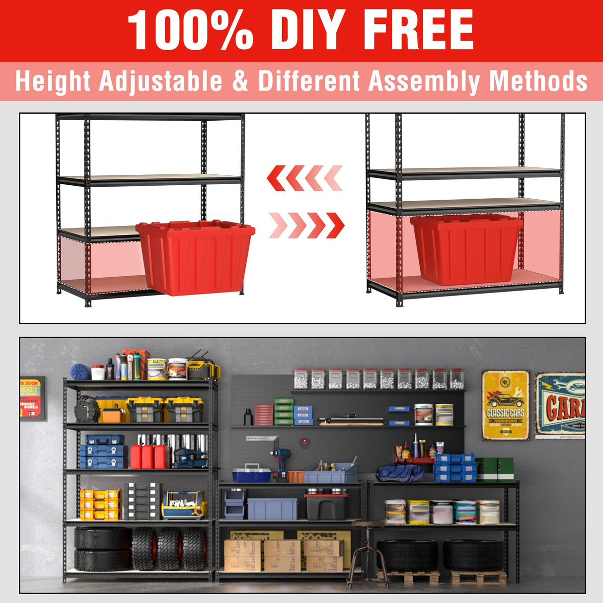 WORKPRO 5-Tier Metal Storage Shelving Unit, 36”W x 18”D x 72”H, Adjustable Storage Rack Heavy Duty Shelf with Particle Board, 4000 lbs Load Capacity (Total) for Garage Warehouse, Black/Silver WORKPRO