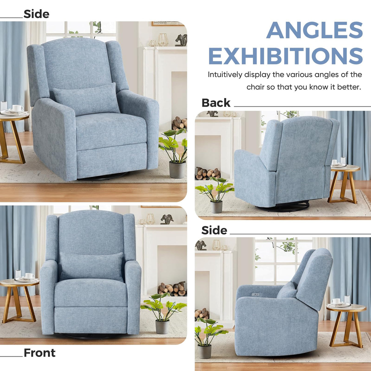 SENYUN Power Recliner Chair Swivel Glider, Large Nursery Glider w/USB Charging Port, Chenille Upholstered Rocker Recliner for Bedroom,Nursery,Living Room,1PC,Blue SENYUN