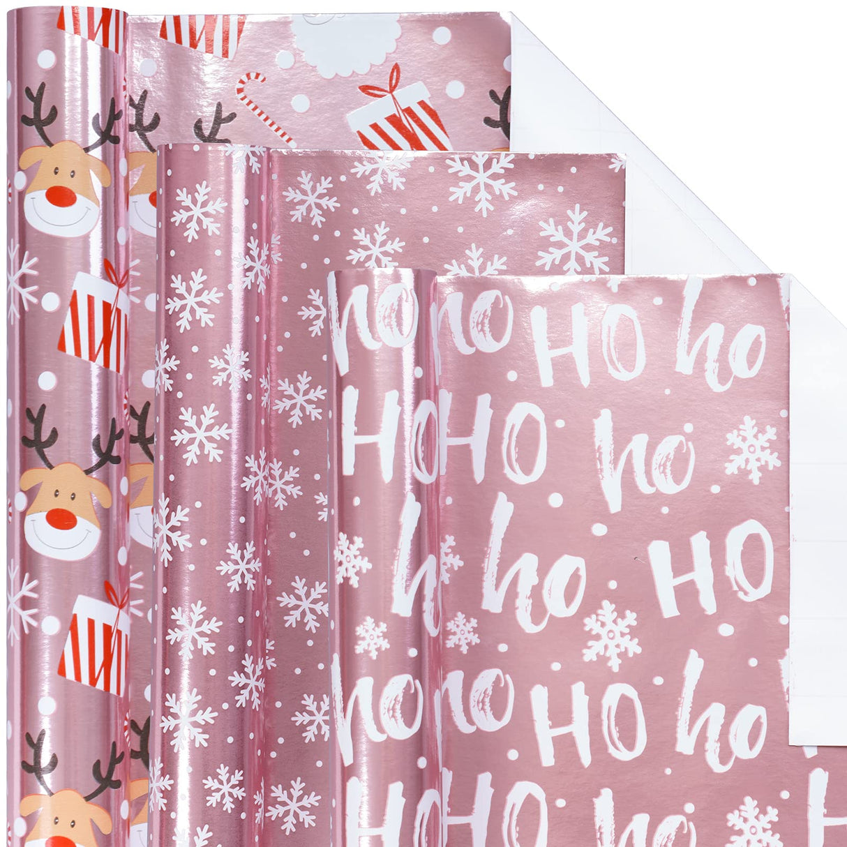 LeZakaa Christmas Wrapping Paper Mini Roll, Pink Metallic Foil Shine Paper - Snowflakes/Santa Claus/HO Print for Gift Wrap, Arts Crafts - 17 x 120 inches - 3 Rolls (42.5 sq.ft.ttl.) LeZakaa