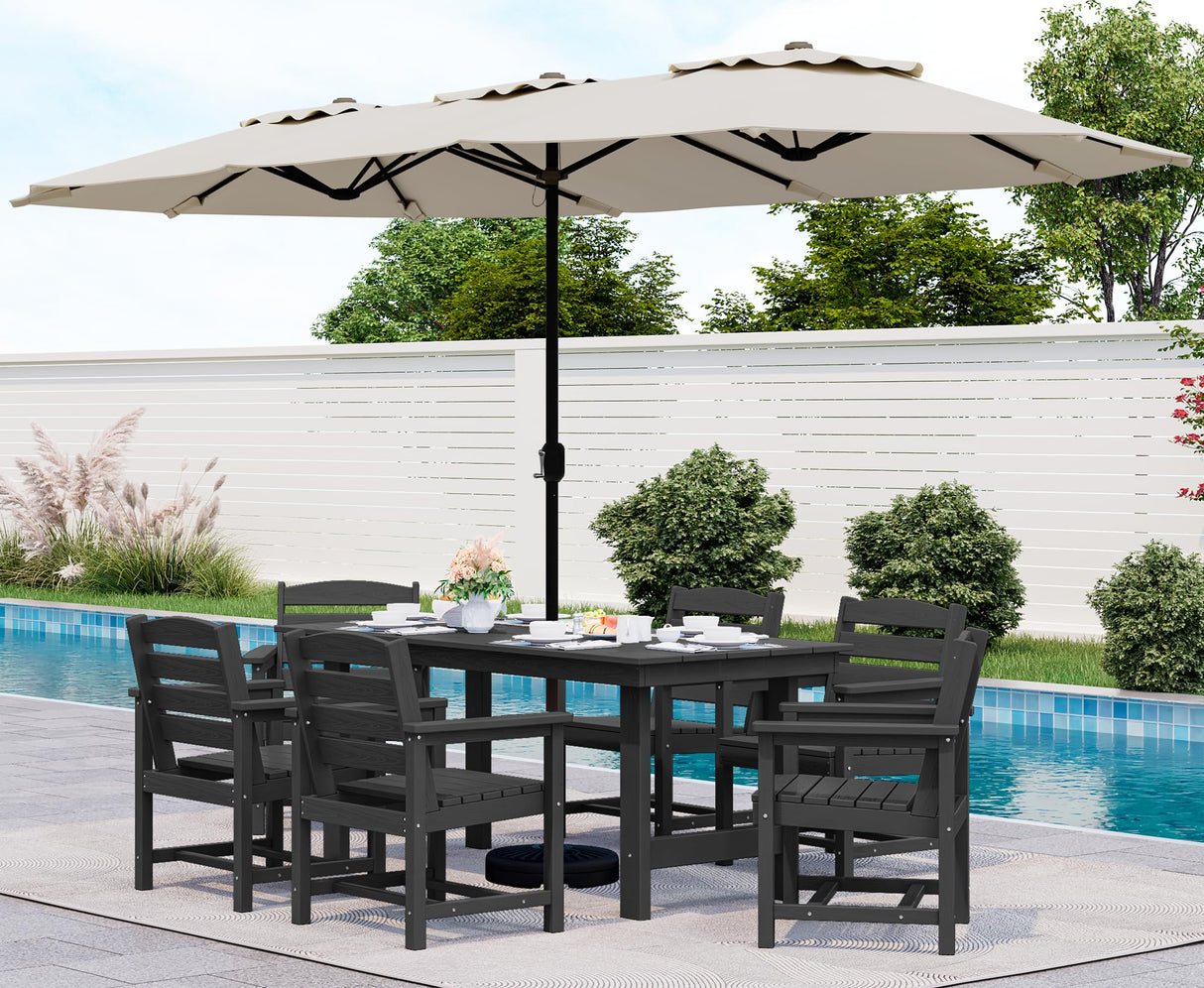 SERWALL 8-Piece Patio Dining Sets with 15FT Double Side Patio Umbrella, Outdoor HDPE Dining Furniture Set with Umbrella Hole Cut-Out Table and 6 Chairs, Black(Umbreall Base not Included) SERWALL