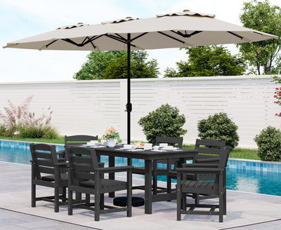SERWALL 8-Piece Patio Dining Sets with 15FT Double Side Patio Umbrella, Outdoor HDPE Dining Furniture Set with Umbrella Hole Cut-Out Table and 6 Chairs, Black(Umbreall Base not Included)