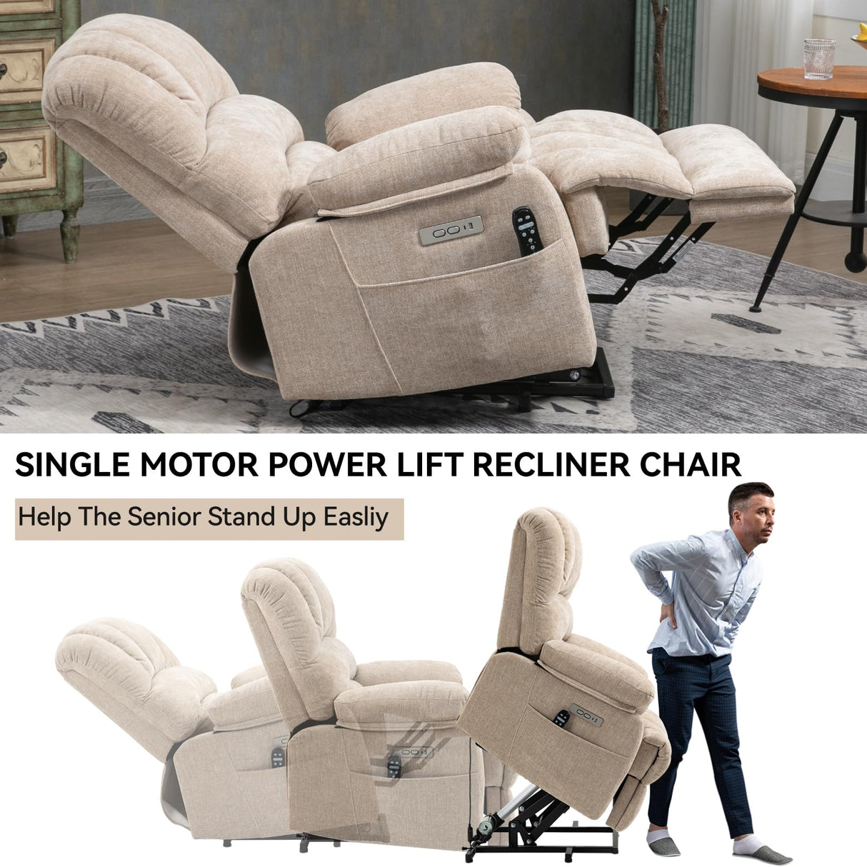 Large Power Lift Recliner Chair with Massage and Heat for Elderly, Ergonomic Backrest, Infinite Adjust, 2 Side Pockets,USB and Type-C Ports, Chenille Beige Luxlen