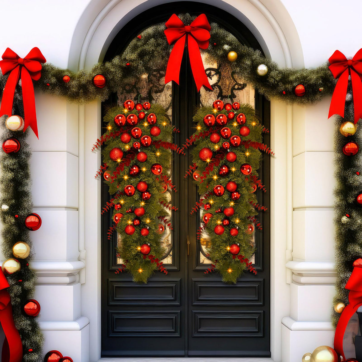 Lineshading 2 Pcs 36'' Pre Lit Artificial Christmas Teardrop Swag Christmas Teardrop LED Prelit Light up Christmas Wreaths Swag Christmas Garland Swag with Red Berries Indoor Outdoor Hanging Decor Lineshading