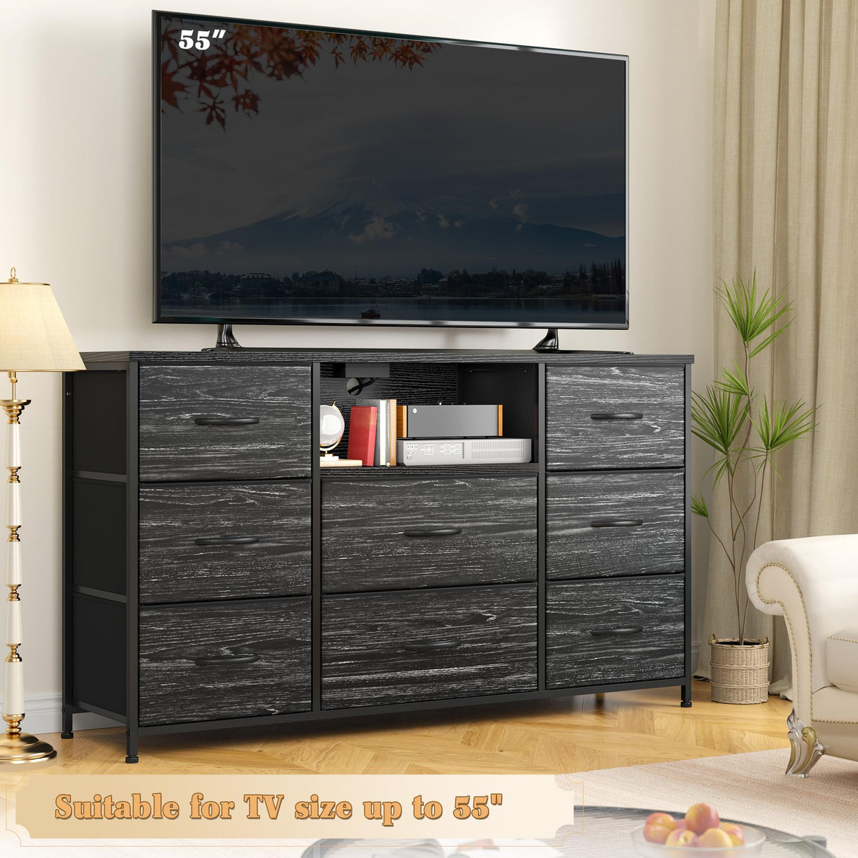 EnHomee Black Dresser for Bedroom with Charging Station, 8 Drawers Dressers & 55 inch TV Stand for Bedroom, Fabric Chest of Drawers with Open Shelves, Sturdy Dresser for Closet Living Room, Hallway EnHomee