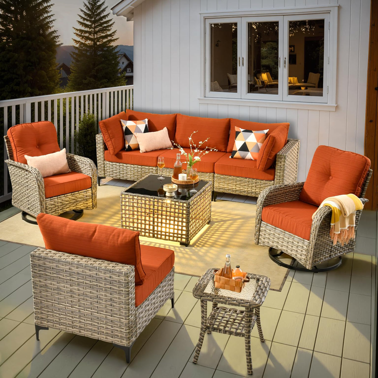 HOOOWOOO Outdoor Patio Furniture Set,8 Pieces Wicker Out Door Sectional Furniture L Shaped Couch,Patio Conversation Sets with Swivel Rocking Chair LED Table,Brick Red HOOOWOOO