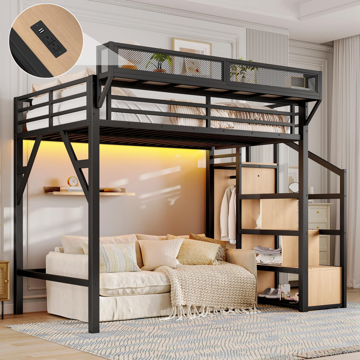 Bellemave Twin XL Loft Bed Frame with Storage Stairs, Beside Shelf & Wardrobe, Metal Loft Bed Twin XL with USB Ports & LED Light, Large Under-Bed Space Loft Beds for Adults, Teens, Kids, Black Natural Bellemave