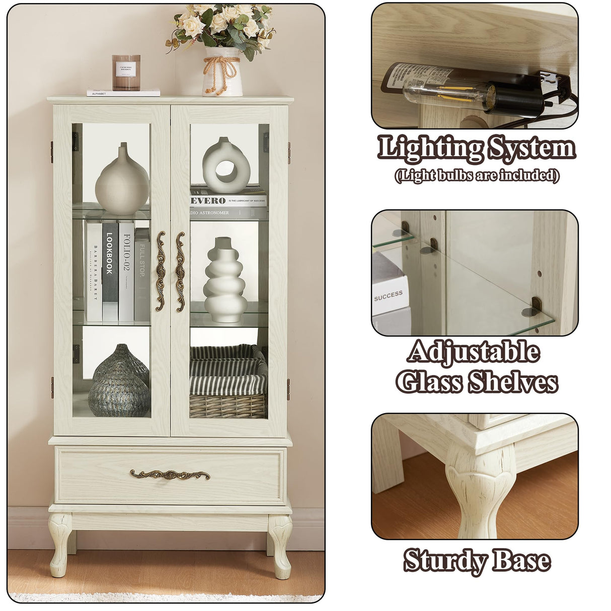 nifoti 51" H Lighted Curio Cabinet Display Case, Glass Curio Cabinet with Adjustable Shelves,Tempered Glass Door and Drawer, Wooden Cabinets w/Mirrored Back Pane for Living Room (Antique White) nifoti