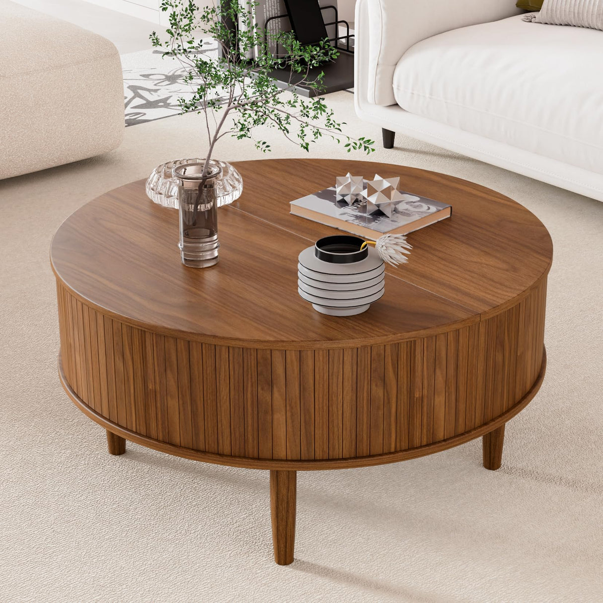 Round Fluted Lift Top Coffee Table with Storage, Mid Century Modern Coffee Table for Living Room, Home Small Space,31.5" Fluted Center Table (Walnut, 31.5inch) Boweniog