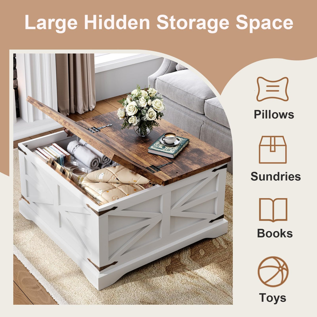 MXV Farmhouse Coffee Table with Storage, Square Coffee Tables for Living Room, Rustic Wood Center Table with Hinged Lifting Tabletop for Home, White MXV