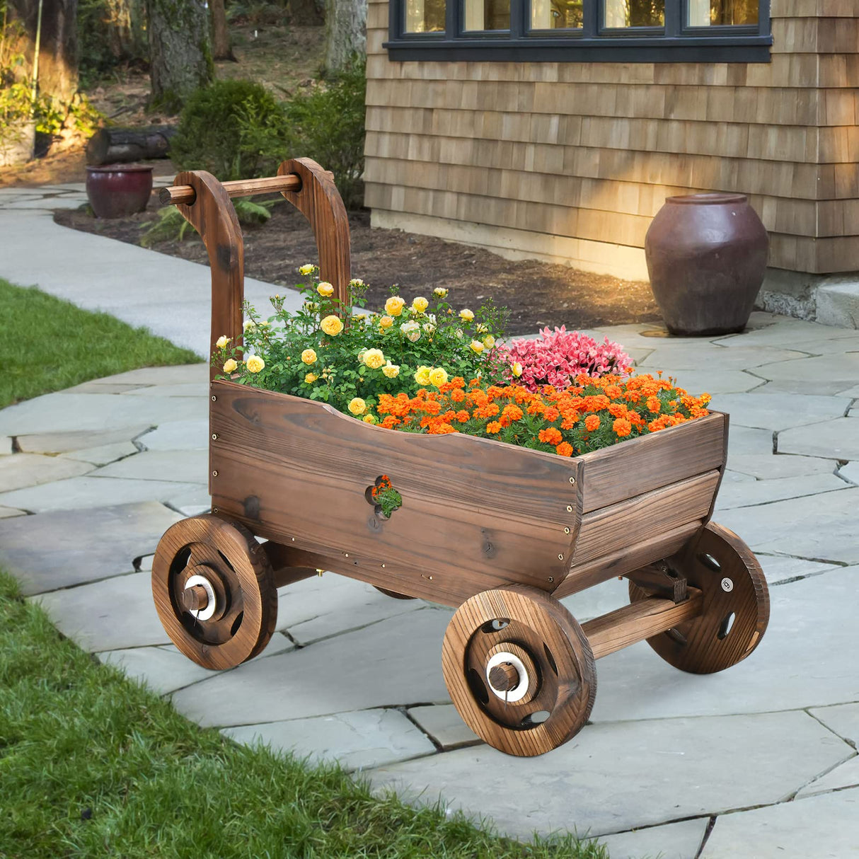 HAPPYGRILL Wagon Flower Planter Cart, 4-Wheel Wood Garden Wagon Decor with 2 Drainage Holes, Movable Flowerpot Holder Stand, Indoor Outdoor Raised Plant Bed HAPPYGRILL