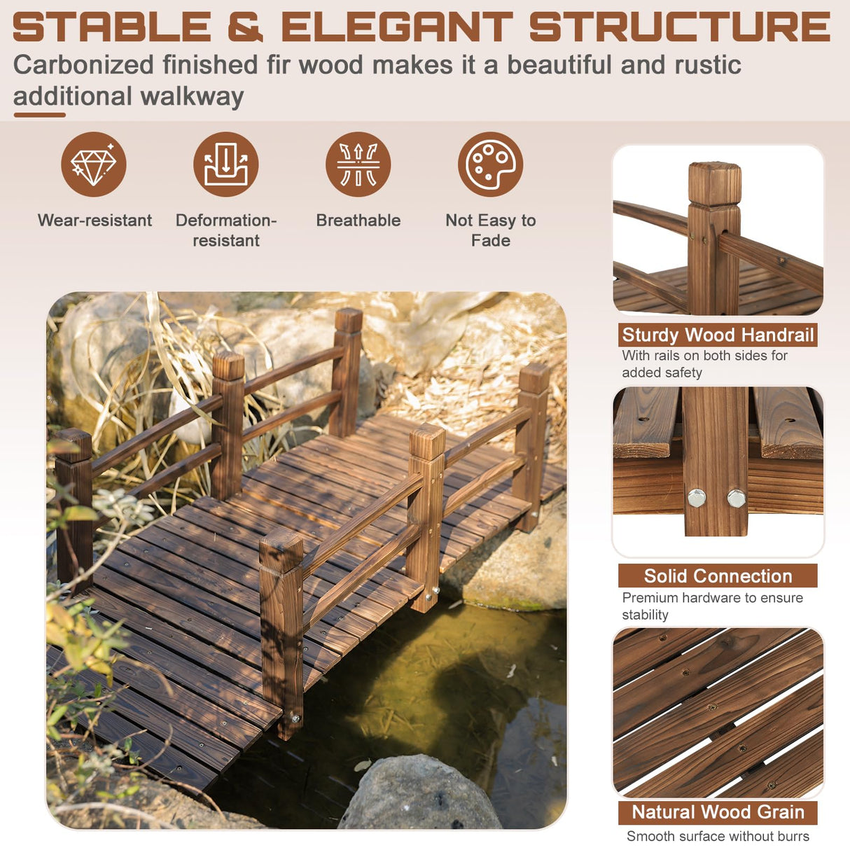 HOMEDIARY Fir Wood Garden Bridge, Outdoor Stained Finish Arc Footbridge Walkway with Double Safety Railings, Decorative Pond Bridge Landscaping for Backyard Farm Garden Creek Pond Decor, Carbonized HOMEDIARY