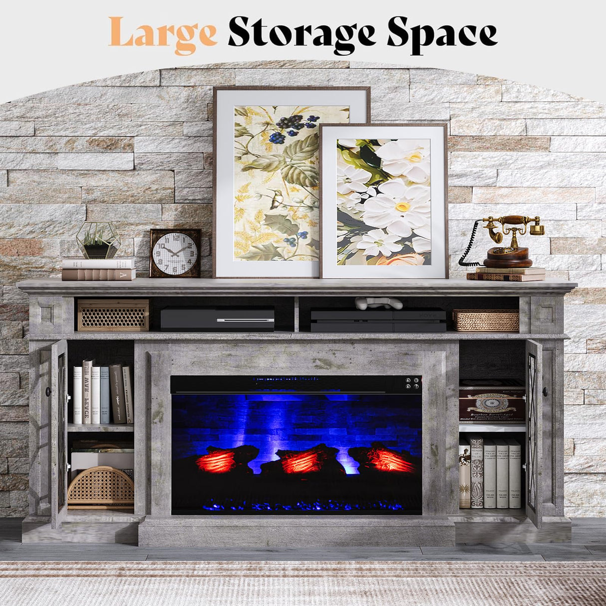 AMERLIFE 70" Farmhouse Heavy Fireplace TV Stand with 33" Electric Fireplace, for 80" TVs up, Media Entertainment Center with Diamond Door, TV Console Storage Cabinet for Living Room, Grey AMERLIFE