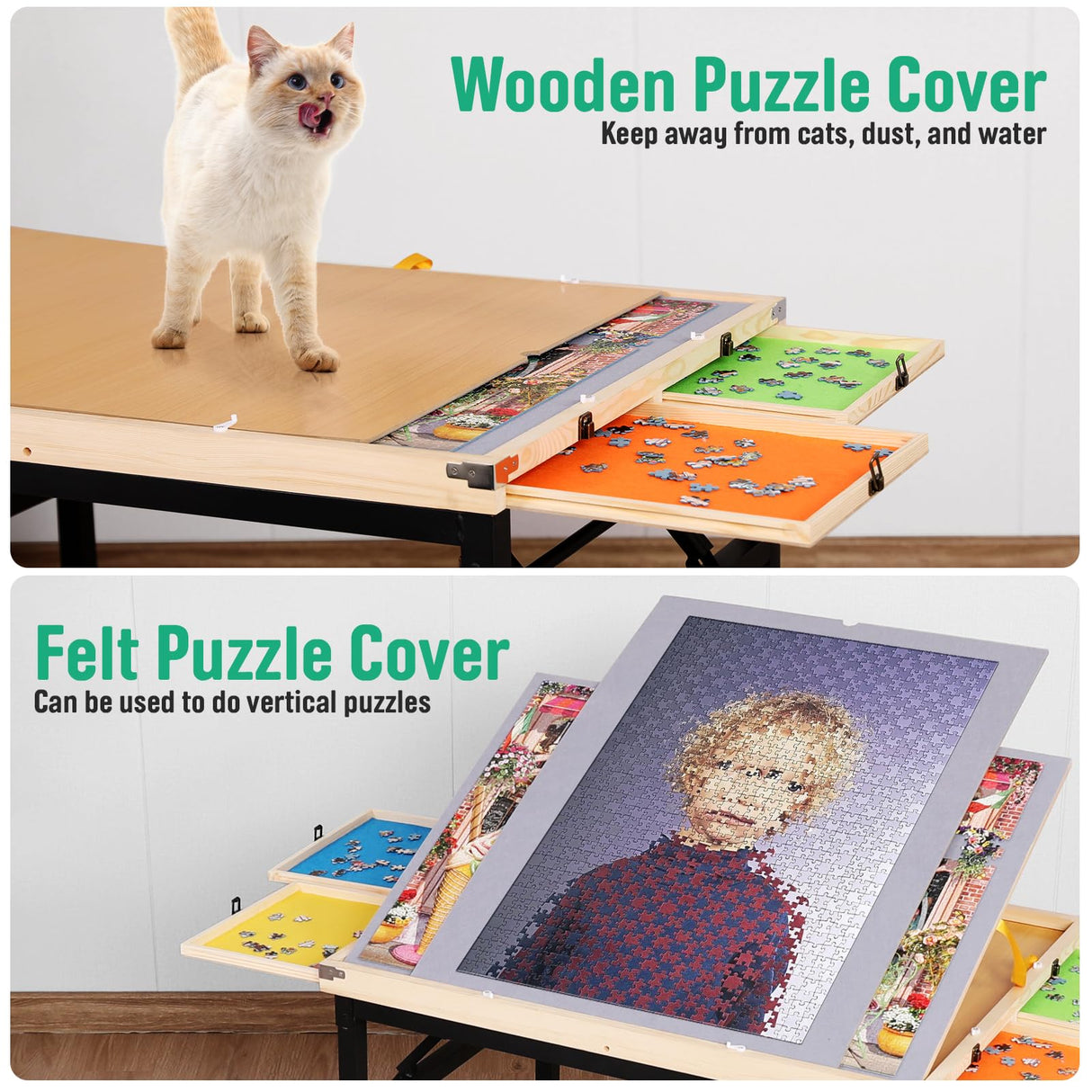 Puzzle Table with Drawers and Folding Metal Legs 1500 Pieces Jigsaw Puzzle Table with Cover 3-Tilting-Angle Portable Wooden Jigsaw Puzzle Board Easy to Move Birthday Gift for mom JoyPcsTable