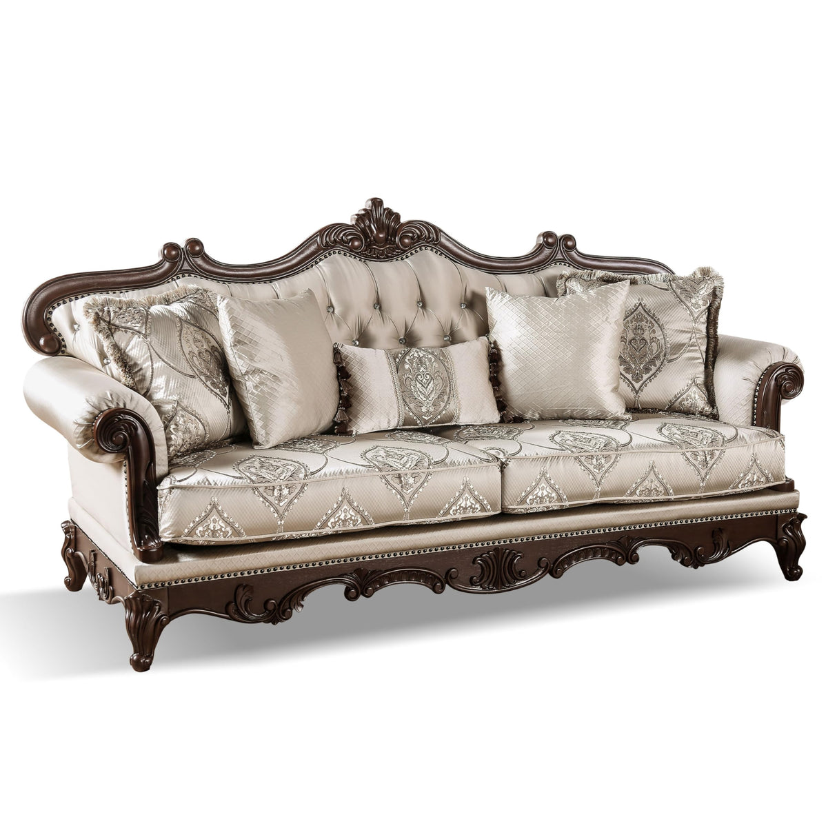 Furniture of America Adelaide Traditional Upholstered Sofa Set with Rolled Armrests, Wooden Loveseat and Comfortable Couch for Living Room, Office, 2-Piece Set, Dark Cherry/Beige Furniture of America