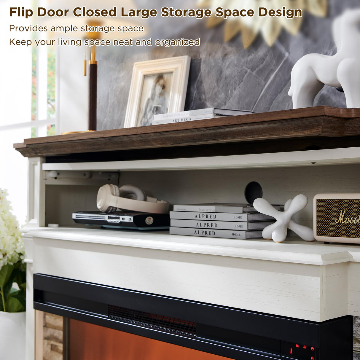 RedLemon 3-Sided Glass Fireplace TV Stand for TVs up to 65'', 52'' Electric Fireplace with Mantel, 36'' Tall Highboy Farmhouse Entertainment Center with Storage for Living Room, Antique White RedLemon