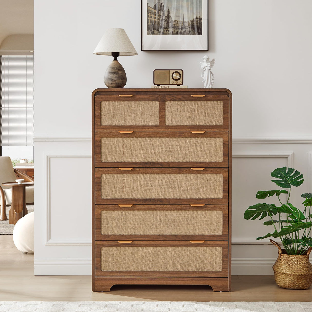 RUSTYER 43" Tall Dresser for Bedroom, 5 Drawer Mid Century Modern Dresser with Natural Linen, Curved Wood Chest of Drawers Closet Clothes Storage Organizer for Living Room, Hallway (Walnut) RUSTYER