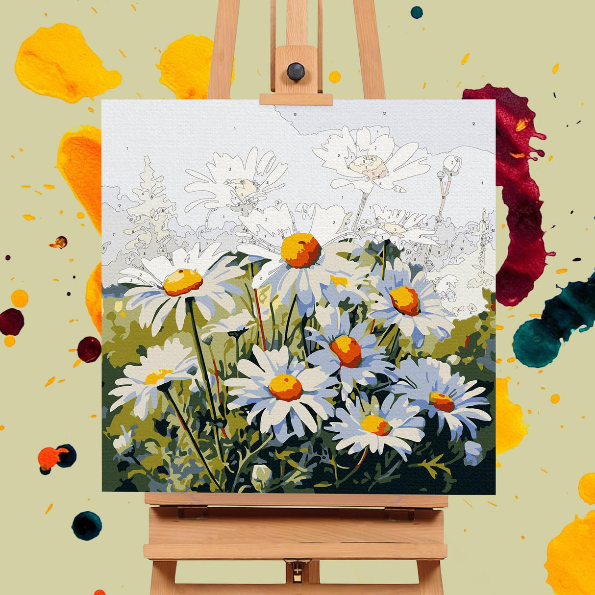 Framed Paint by Numbers Kit for Adults Beginners & Kids Ages 8-12, Daisy Flowers Acrylic Easy Paint by Number with Frame, Watercolor Paint by Number Kits on Canvas Framed (10 * 10 Inch, without Easel) Offito