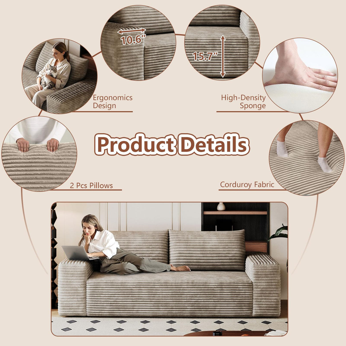 Modern Corduroy Loveseat Sofa,2-Seater Cloud Couch with Memory Foam and Furry Pillows,Deep Seat Small Sofa with Wide Armrests,No Assembly Couch in a Box for Bedroom,Small Space (Camel,63in) LUCKHAO