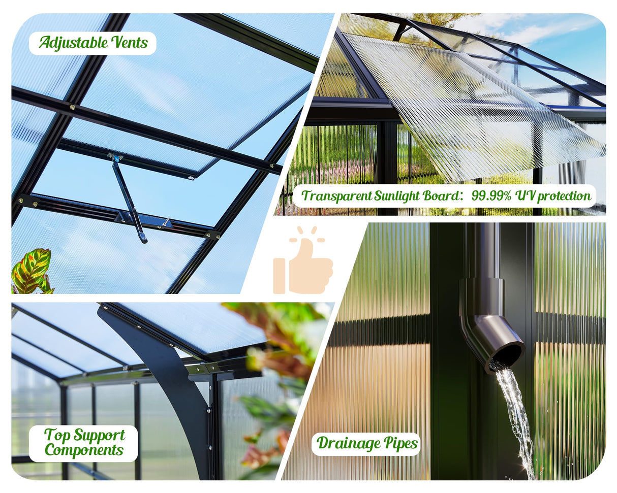 PaPaJet 8x14 FT Polycarbonate Greenhouse with Quick-Connect Fittings, Walk-in Large Aluminum Greenhouse with 2 Swing Doors, Winter Greenhouse for Outdoors Black PaPaJet