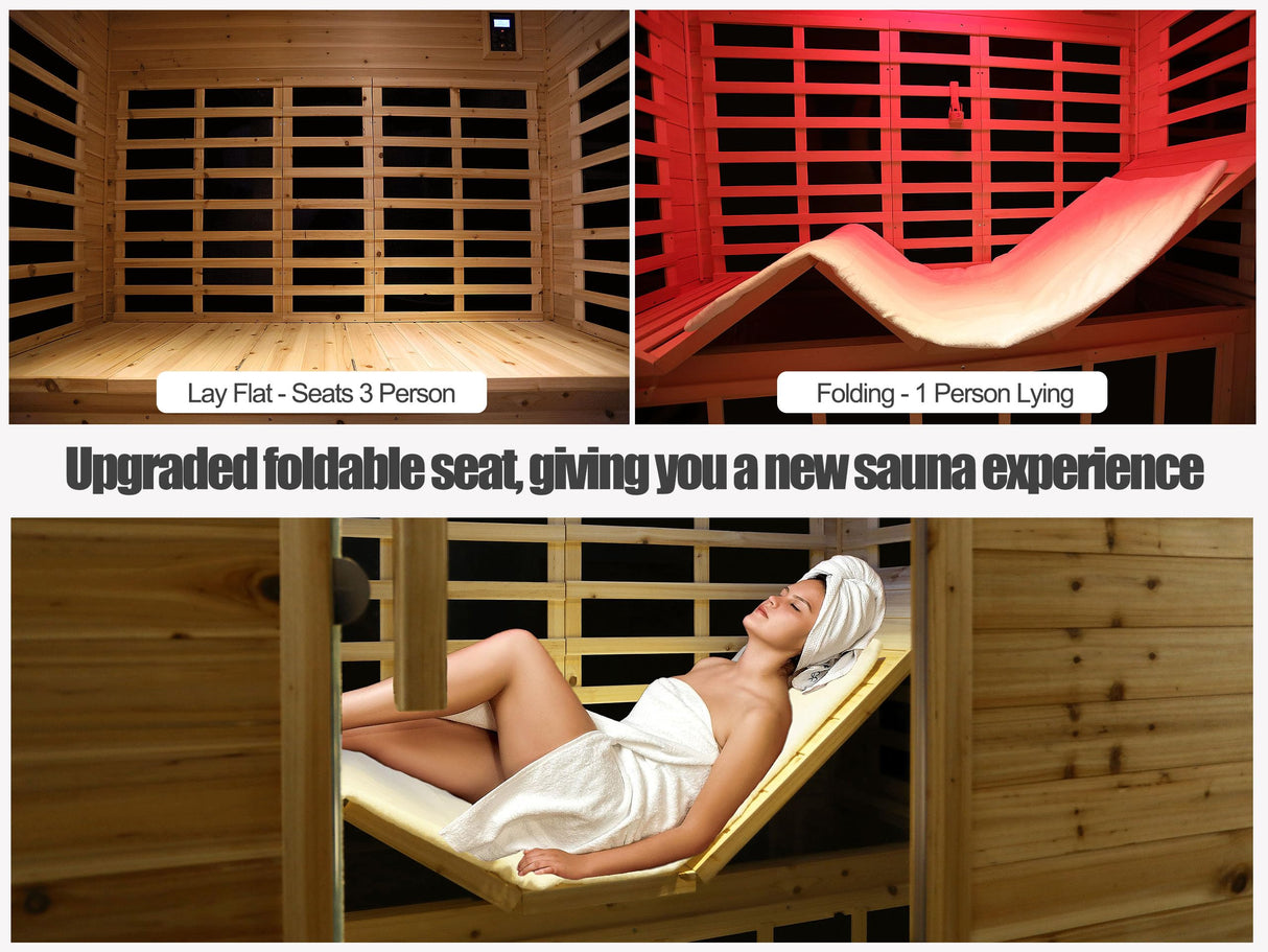 Outdoor Sauna 3 Person Infrared Sauna, Infrared Saunas for Home, 1950W Low EMF Far Infrared Sauna Old Fir Wooden Sauna with Beauty Red Light, Foldable Seat, Bluetooth, Chromotherapy Lamp, Reading Lamp SALUSHEAT