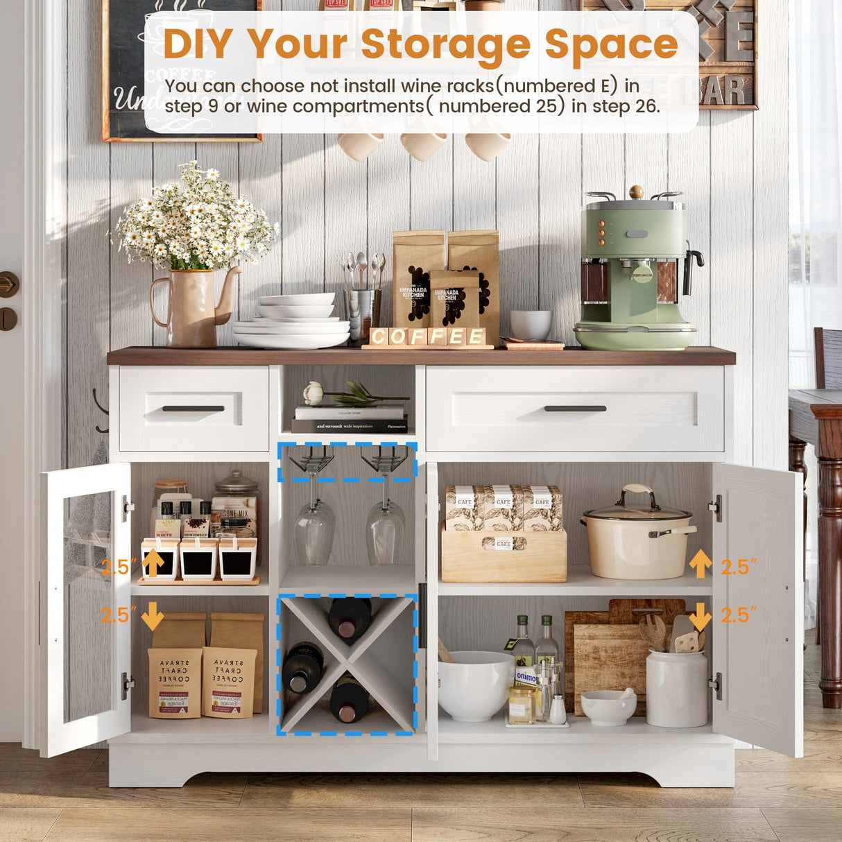 ANCTOR Coffee Bar Wine Cabinet, 47.3" Farmhouse Coffee Bar Cabinet with Glass Holders, Wine Bar Cabinet with 2 Drawers, Racks for Liquor, Wooden Sideboard for Dining Room, Living Room, White ANCTOR