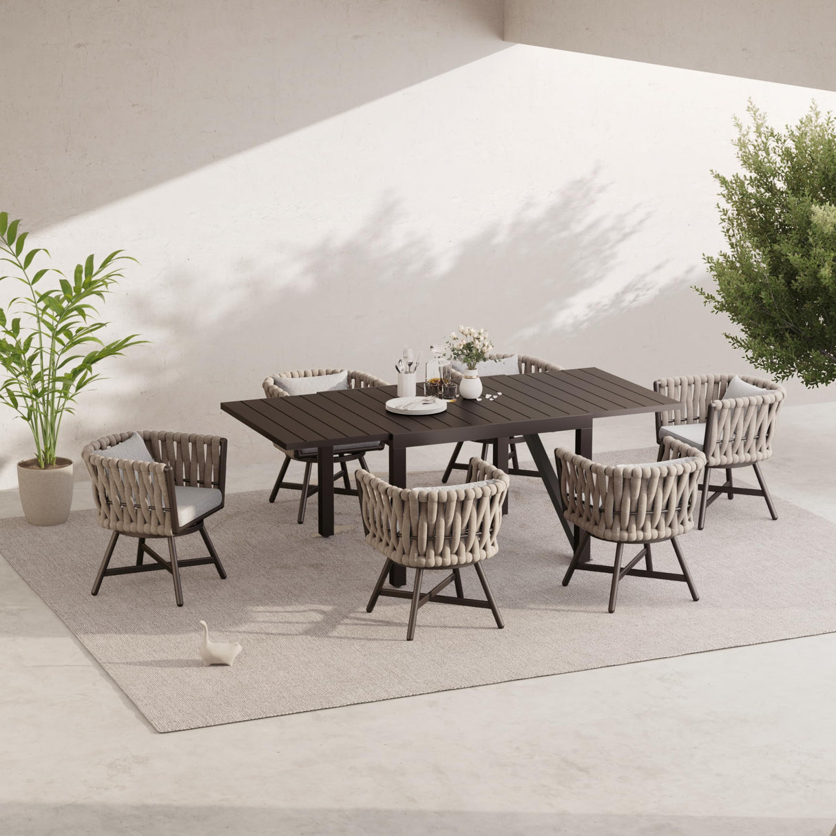Grand patio 7-Piece Outdoor Dining Set for 6, Patio Dining Furniture Set for 6 Swivel Rope Wicker Chairs & 1 Expandable Rectangular Dining Table, Light Gray Brown Grand patio