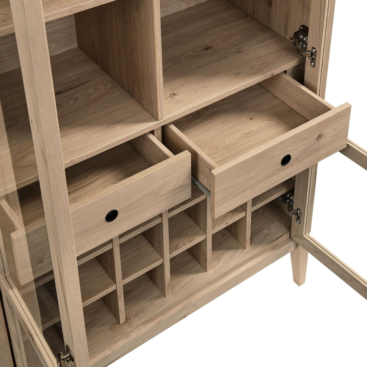 Modway Nolan Modern Farmhouse Arched Bar Cabinet in Light Oak Wood Grain - 72 Inch Tall Wine Storage Cabinet with Glass Doors and Wine Rack - Large Liquor Cabinet for Dining or Living Room Modway